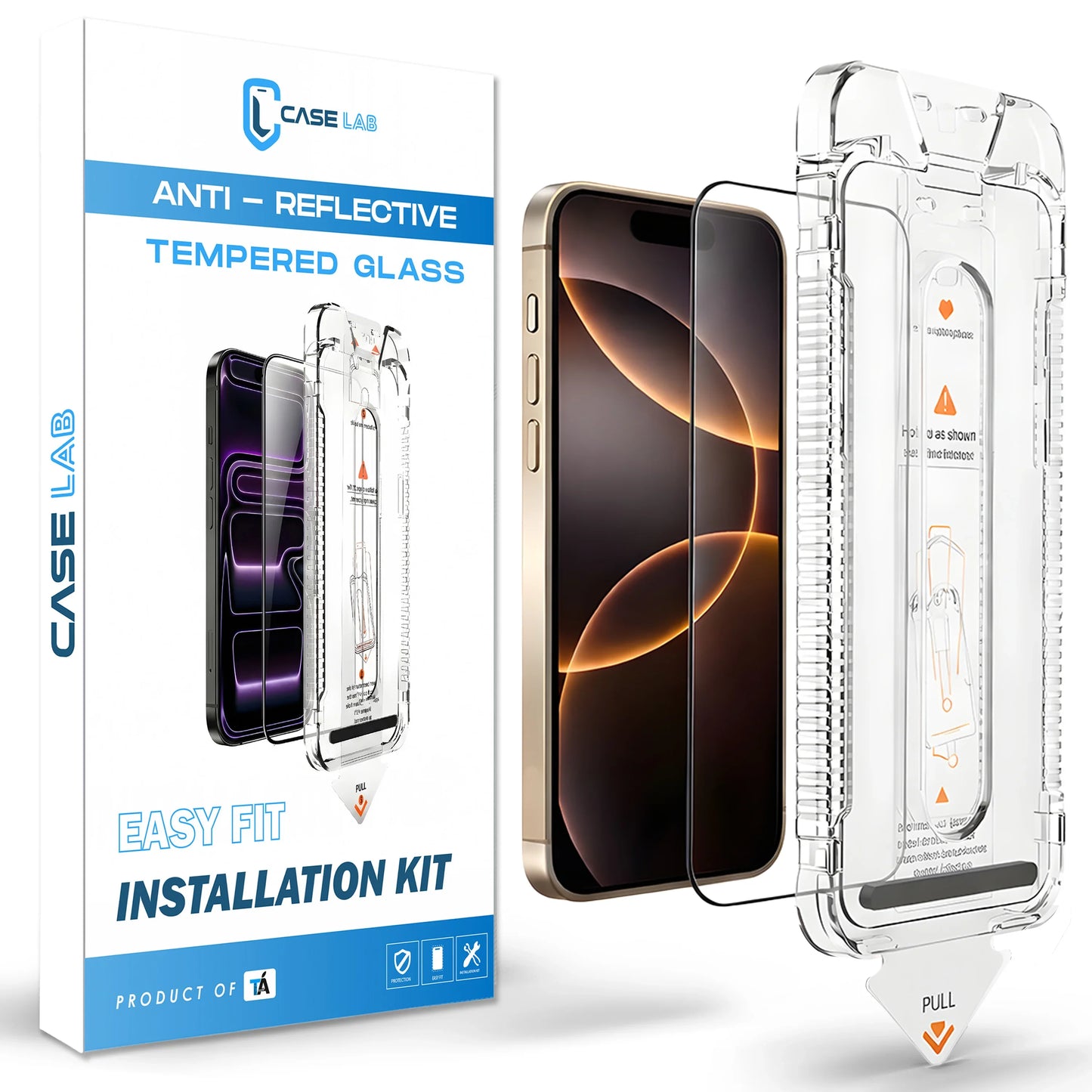 CaseLab iPhone 16 Pro Anti-Reflective (AR) Tempered Glass packaging showcasing the Easy Fit Kit and advanced coating that eliminates screen glare.