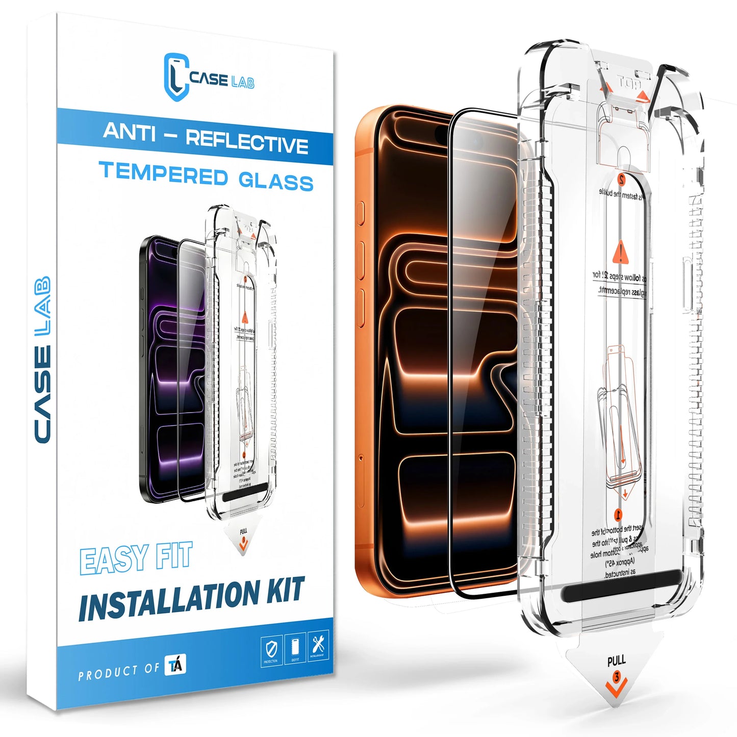 CaseLab iPhone 17 Pro Max Anti-Reflective (AR) Tempered Glass packaging showcasing the Easy Fit Kit and advanced coating that eliminates screen glare.