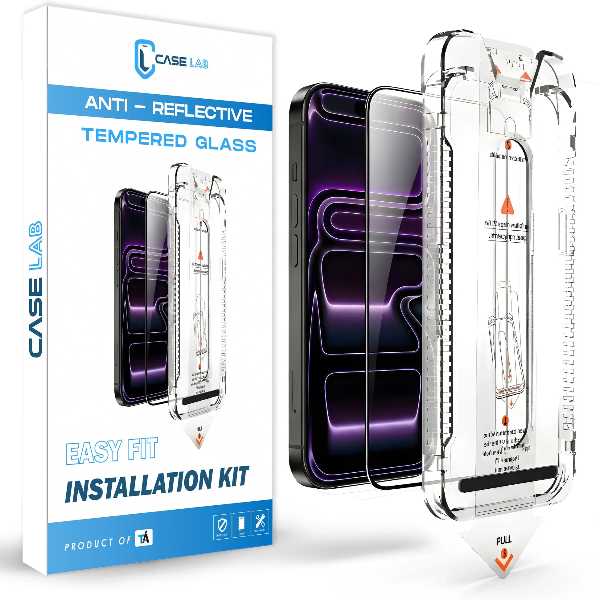 CaseLab iPhone 17 Pro Anti-Reflective (AR) Tempered Glass packaging showcasing the Easy Fit Kit and advanced coating that eliminates screen glare.