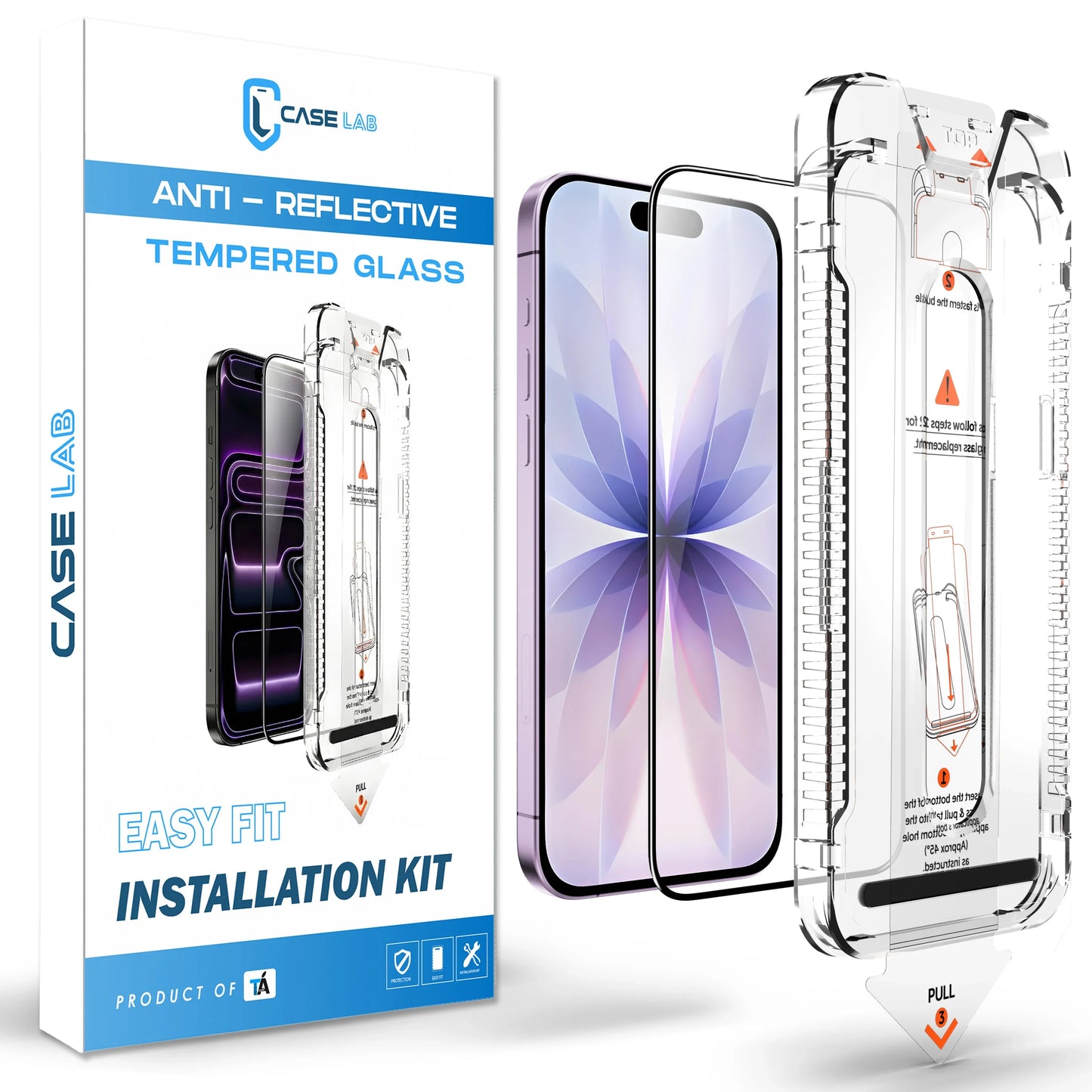 CaseLab iPhone 17 Anti-Reflective (AR) Tempered Glass packaging showcasing the Easy Fit Kit and advanced coating that eliminates screen glare.