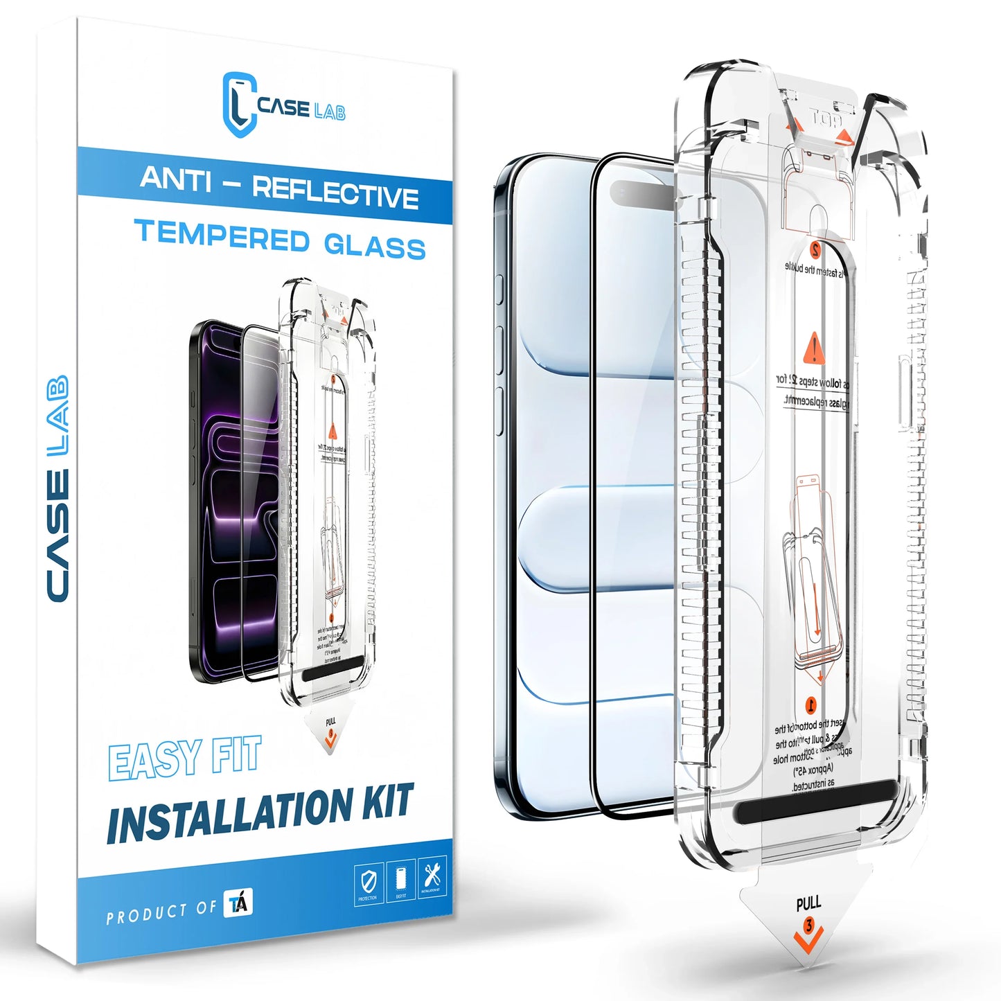 CaseLab iPhone 17 Air Anti-Reflective (AR) Tempered Glass packaging showcasing the Easy Fit Kit and advanced coating that eliminates screen glare.