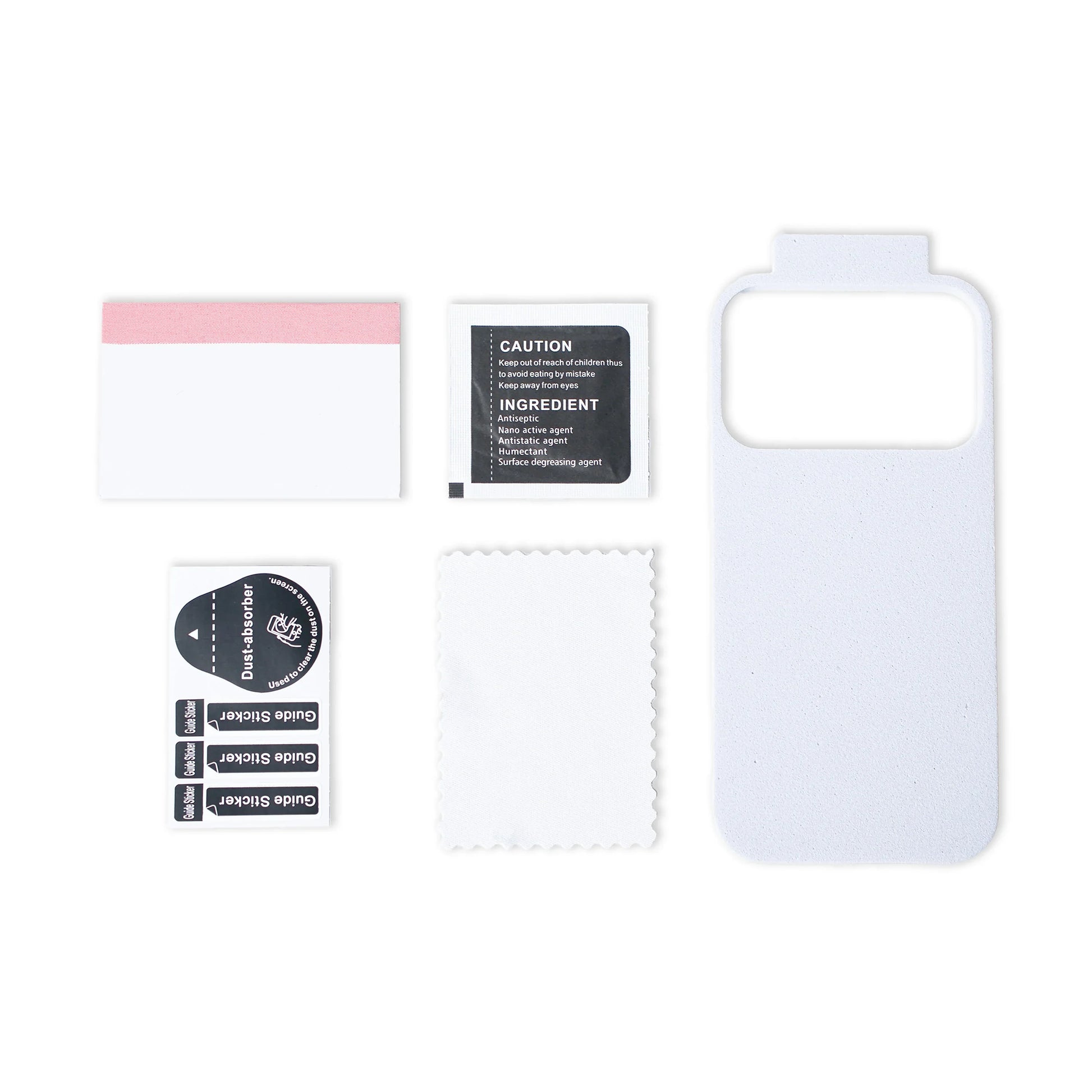 Complete CaseLab iPhone 17 kit including Anti-Reflective (AR) tempered glass, precision alignment frame, camera-bump locking mould, and a pro-cleaning kit for bubble-free application