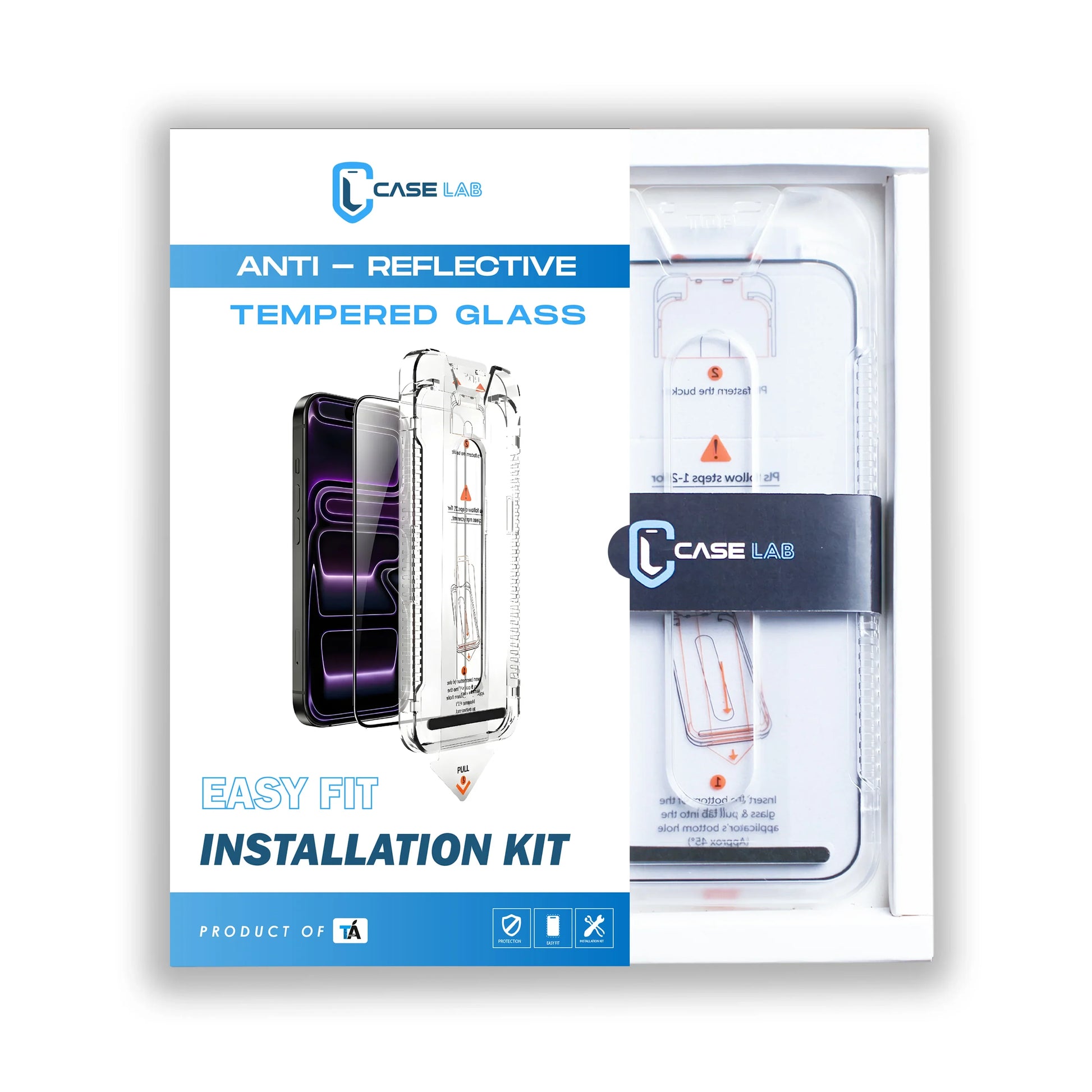 aseLab iPhone 17 Anti-Reflective (AR) tempered glass in premium Apple-inspired drawer packaging with the Easy Fit installation kit.